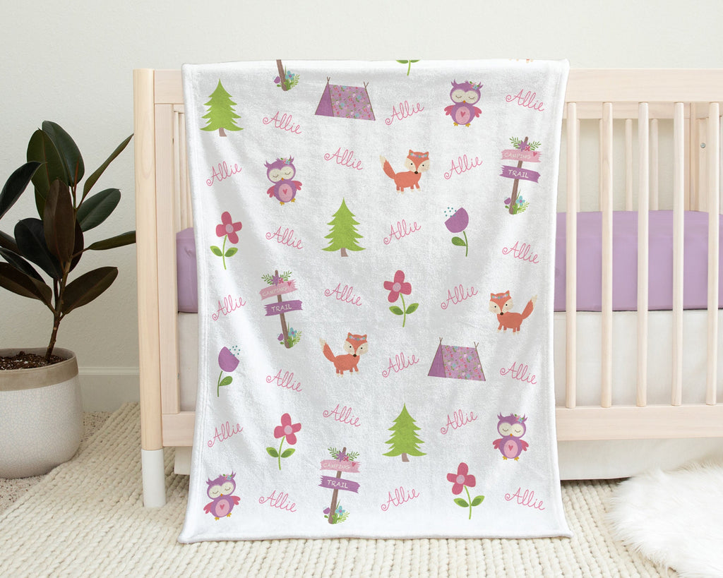 Girl camping baby name blanket, personalized forest animals swaddle blanket, pink and purple camping theme newborn baby gift (CHOOSE COLORS)