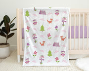 Girl camping baby name blanket, personalized forest animals swaddle blanket, pink and purple camping theme newborn baby gift (CHOOSE COLORS)