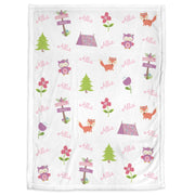 Girl camping baby name blanket, personalized forest animals swaddle blanket, pink and purple camping theme newborn baby gift (CHOOSE COLORS)