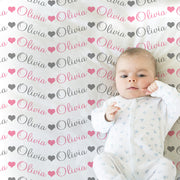 Baby girl blanket with hearts, personalized newborn chevron swaddle name blanket, cursive baby girls gift, repeating name blanket