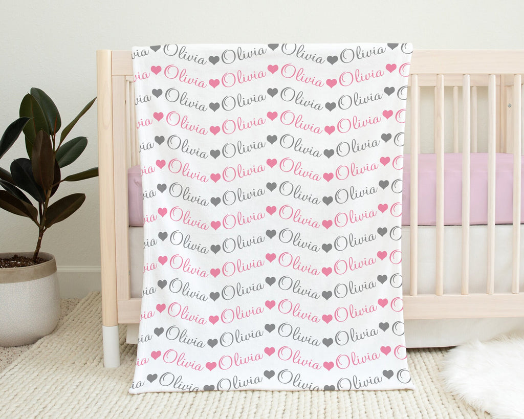 Baby girl blanket with hearts, personalized newborn chevron swaddle name blanket, cursive baby girls gift, repeating name blanket