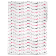 Baby girl blanket with hearts, personalized newborn chevron swaddle name blanket, cursive baby girls gift, repeating name blanket