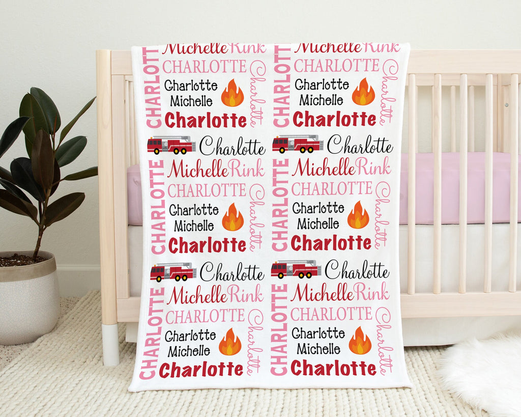 Girl baby blanket with fire trucks, newborn baby firetruck name blanket, personalized fireman baby swaddle gift, CHOOSE COLOR)
