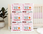 Girl baby blanket with fire trucks, newborn baby firetruck name blanket, personalized fireman baby swaddle gift, CHOOSE COLOR)