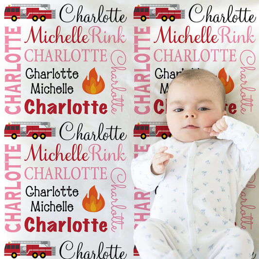 Girl baby blanket with fire trucks, newborn baby firetruck name blanket, personalized fireman baby swaddle gift, CHOOSE COLOR)