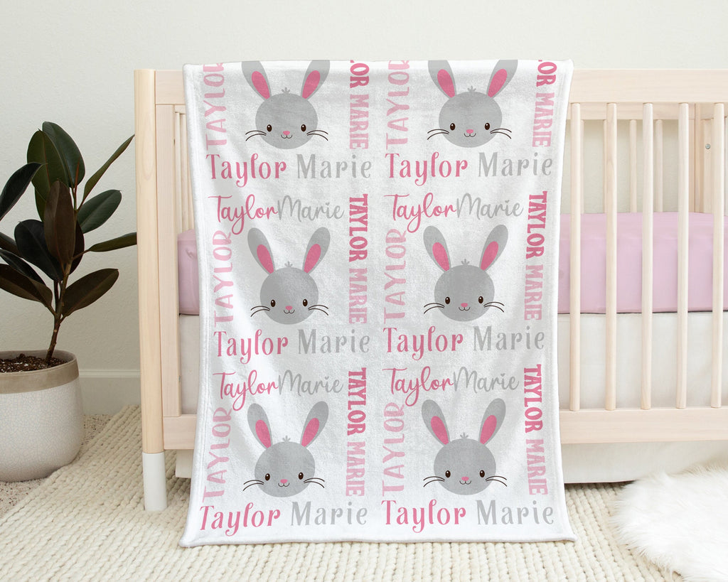 Bunny baby name blanket, personalized girls bunny swaddle blanket, newborn bunny rabbit baby gift, Easter gift kids blanket (CHOOSE COLORS)