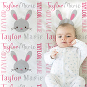 Bunny baby name blanket, personalized girls bunny swaddle blanket, newborn bunny rabbit baby gift, Easter gift kids blanket (CHOOSE COLORS)