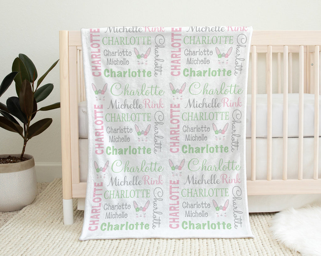 Newborn bunny baby girls blanket, personalized Easter swaddle name blanket, cute Easter rabbit kids blanket, rabbit baby gift (CHOOSE COLOR)