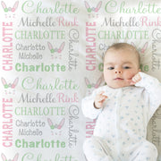 Newborn bunny baby girls blanket, personalized Easter swaddle name blanket, cute Easter rabbit kids blanket, rabbit baby gift (CHOOSE COLOR)