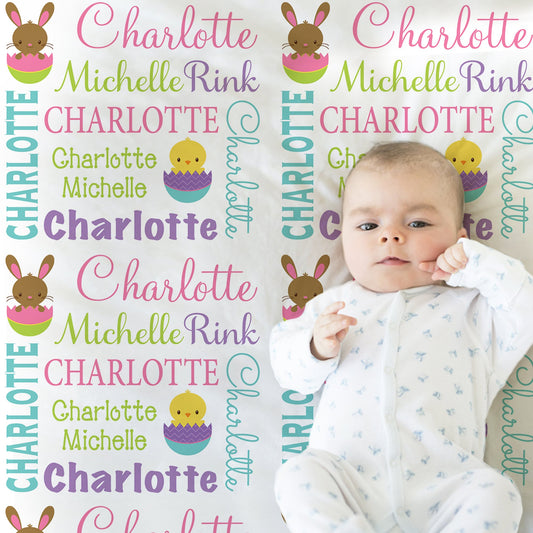 Personalized Easter Rabbit Chick Baby Name Blanket Girl