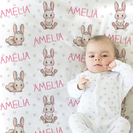 Personalized rabbit name blanket, pink girl Easter bunny baby swaddle blanket, Easter basket baby gift with name, newborn or kids blanket