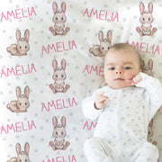 Personalized rabbit name blanket, pink girl Easter bunny baby swaddle blanket, Easter basket baby gift with name, newborn or kids blanket