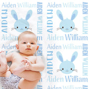 Blue Easter baby blanket, personalized rabbit swaddle blanket, Easter baby gift, boys blue personalized name blanket, kids Easter blanket