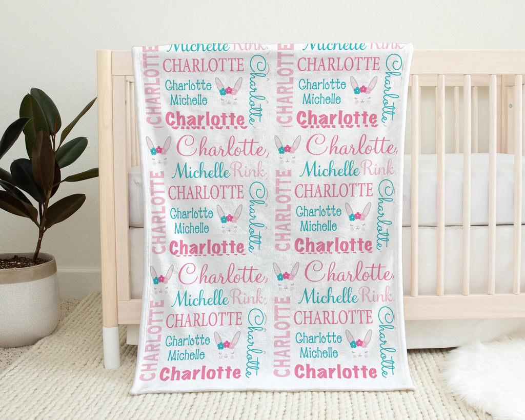 Bunny baby blanket, personalized newborn baby bunny gift, girl bunny lashes swaddle blanket with name, kids Easter blanket (CHOOSE COLORS)