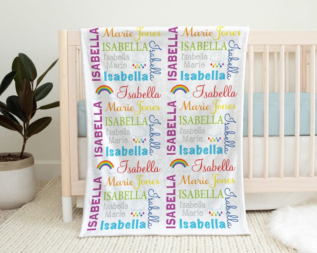 Rainbow baby blanket, personalized rainbow clouds blanket with name, boy or girl rainbow swaddle, gift for rainbow baby, rainbow name gift