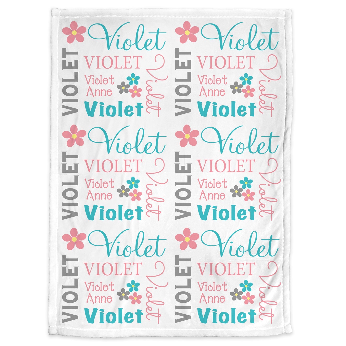 Flower baby girl name blanket, personalized floral swaddle blanket, salmon and aqua newborn swaddle blanket, baby girl gift with flowers