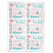 Flower baby girl name blanket, personalized floral swaddle blanket, salmon and aqua newborn swaddle blanket, baby girl gift with flowers