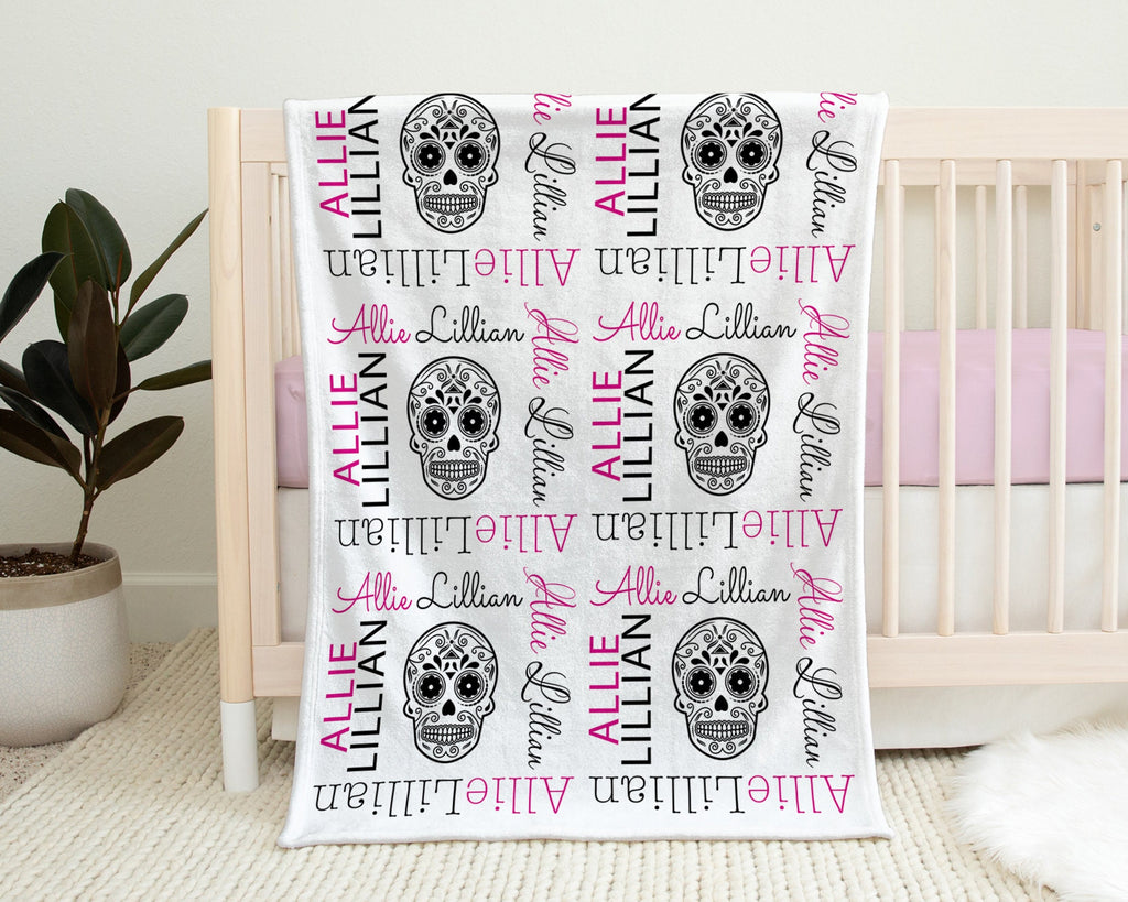 Sugar skull baby blanket, newborn sugar skulls girl name blanket, personalized skull baby gift, day of the dead baby swaddle, (CHOOSE COLOR)