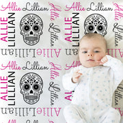 Sugar skull baby blanket, newborn sugar skulls girl name blanket, personalized skull baby gift, day of the dead baby swaddle, (CHOOSE COLOR)