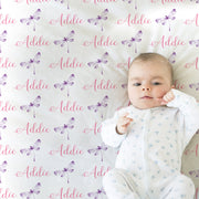Dragonfly baby name blanket, dragonflies girl swaddle blanket, personalized baby gift with dragonflies, newborn girls dragonfly blanket