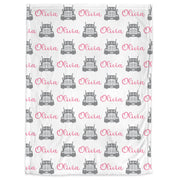 Pink trucker baby blanket with name, diesel girls newborn blanket, personalized big rig theme baby gift, trucker swaddle, boys or girls