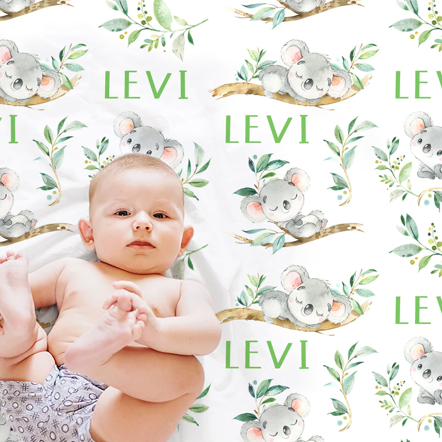 Boys koala bear baby blanket, newborn animal swaddle blanket with name, personalized koala and greenery baby gift, (CHOOSE COLORS)