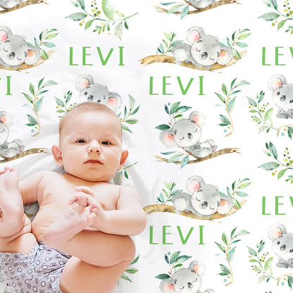 Boys koala bear baby blanket, newborn animal swaddle blanket with name, personalized koala and greenery baby gift, (CHOOSE COLORS)