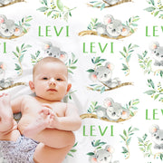 Boys koala bear baby blanket, newborn animal swaddle blanket with name, personalized koala and greenery baby gift, (CHOOSE COLORS)