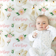 Baby girl swan name blanket, pink princess swan swaddle blanket, personalized swan baby gift, custom swan name blanket, flowers and swan