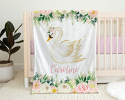 Girl floral swan baby blanket, swan princess baby name blanket, girls personalized baby gift, pink newborn swan and flowers swaddle blanket