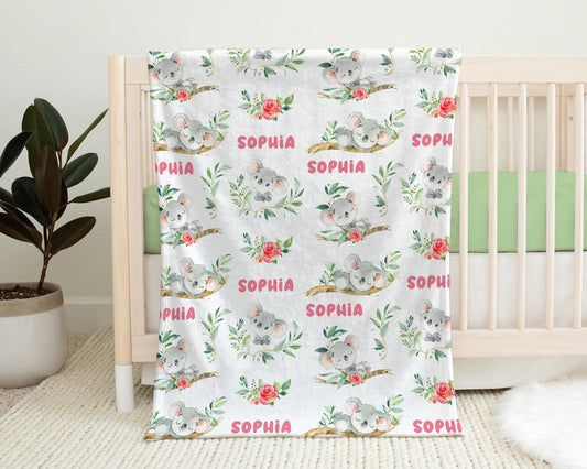 Baby girl koala name blanket, pink animal swaddle blanket, personalized koala baby gift, custom koala plants name blanket, koala baby gift