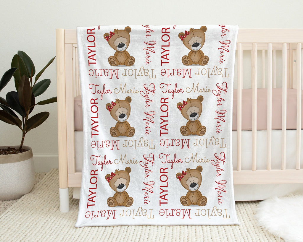 Personalized teddy bear baby blanket, newborn stuffed bear blanket with name, girls teddy bear baby swaddle, bear baby gift (CHOOSE COLORS)