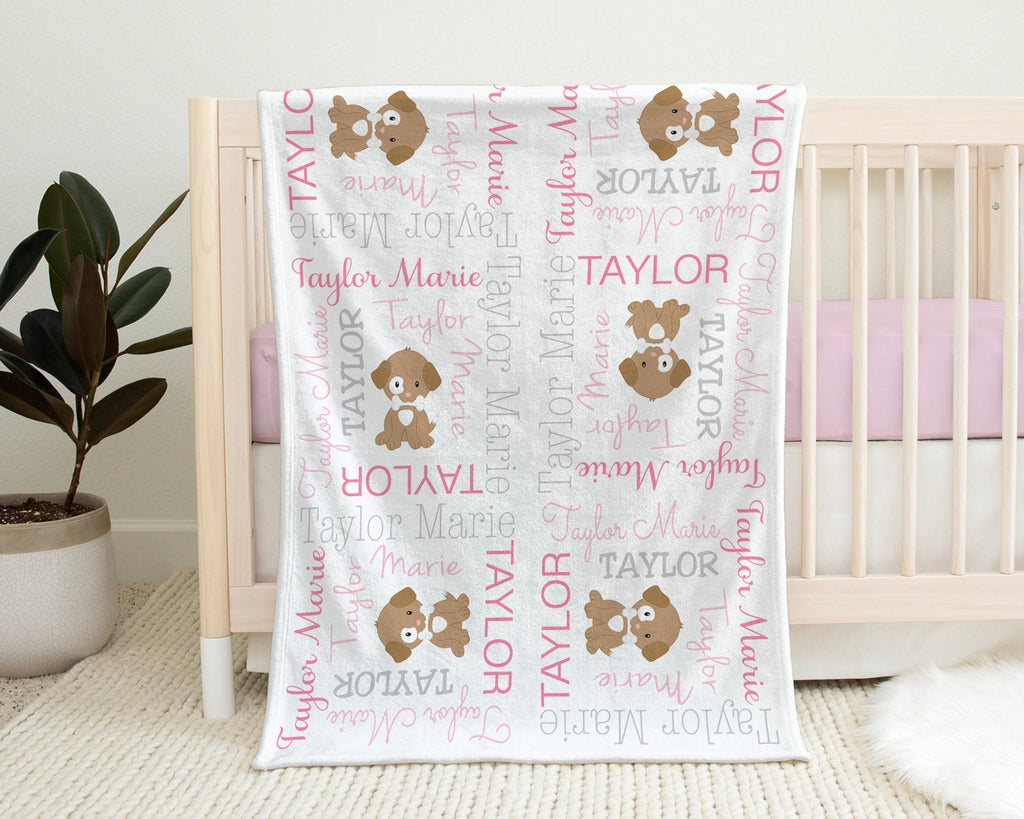 Personalized pink puppy baby blanket, girl puppies blanket with name, newborn puppy theme baby swaddle, puppy dogs baby gift (CHOOSE COLORS)