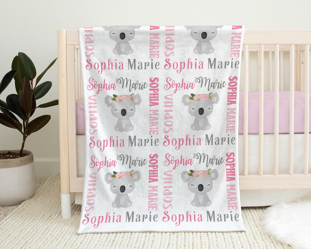 Personalized baby girl koala blanket, koala bear newborn swaddle blanket with name, floral girls koalas baby gift, (CHOOSE COLORS)