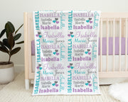 Personalized hearts baby blanket, baby name blanket purple and aqua hearts, pretty baby girl swaddle, newborn gift hearts (CHOOSE COLORS)