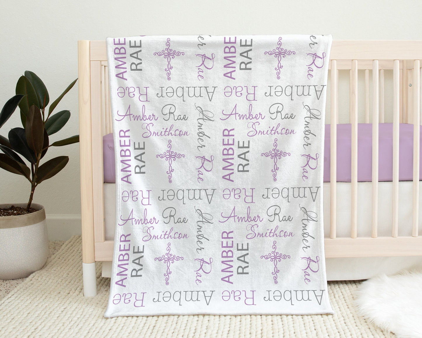 Personalized Baptism Baby Name Blanket Girl Crosses