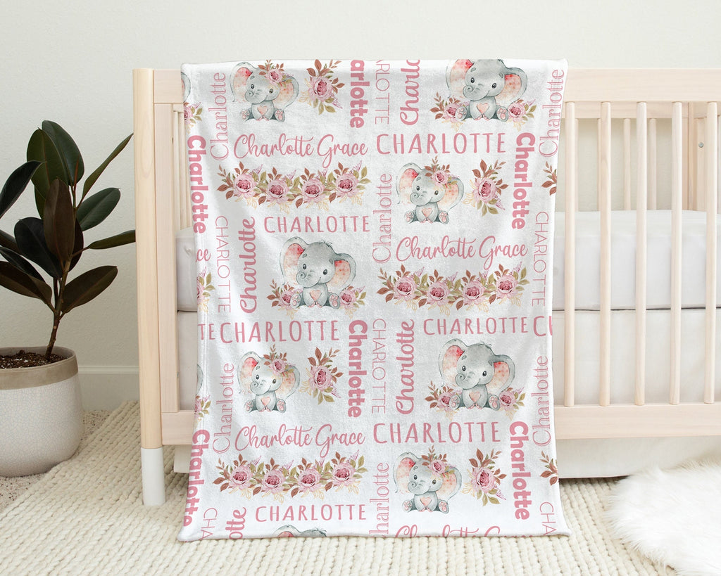 Personalized elephant baby girls blanket, floral elephant name blanket, pink newborn elephant and flowers swaddle gift, (CHOOSE COLORS)