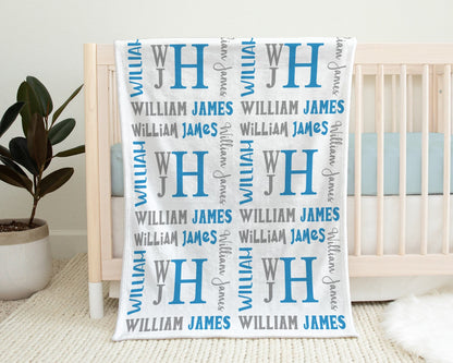 Monogram baby blanket, personalized boy name blanket, newborn baby swaddle with stacked monogram, boy or girl monogrammed gift blanket