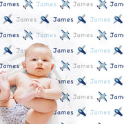 Personalized airplane baby blanket, newborn airplanes swaddle blanket with name, boys airplane pilot aviation baby gift, (CHOOSE COLORS)
