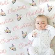 Personalized pastel butterfly baby girl blanket, newborn butterflies blanket with name, butterfly swaddle baby gift, girls script blanket
