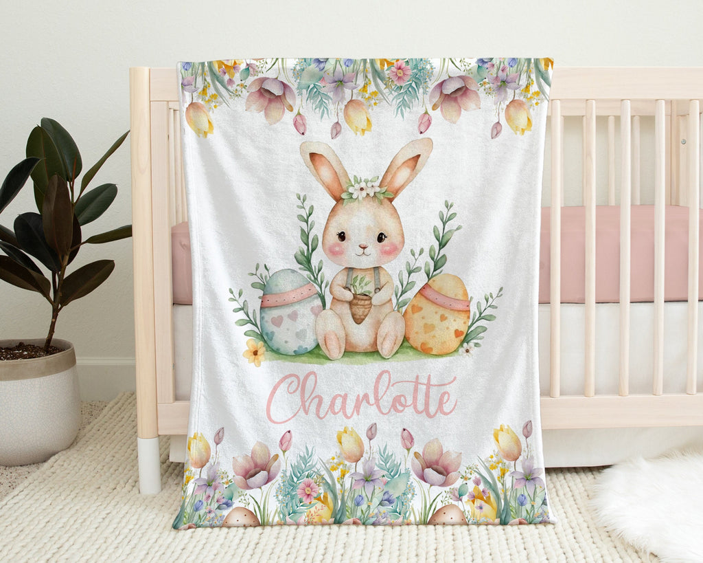 Bunny personalized Easter name blanket, girl floral egg baby swaddle blanket, newborn Easter basket baby gift with name, kids Easter blanket