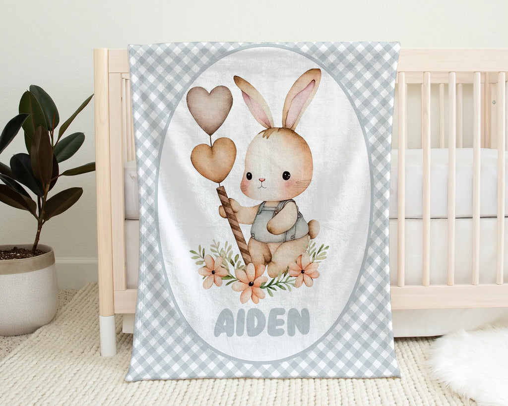 Boys personalized bunny name blanket, newborn rabbits baby name blanket, kids Easter gift with name, boys gray Easter swaddle (CHOOSE COLOR)