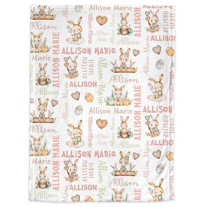 Bunny Easter name blanket, personalized girls Easter swaddle blanket, newborn bunny rabbit baby gift, Easter gift for girls (CHOOSE COLORS)
