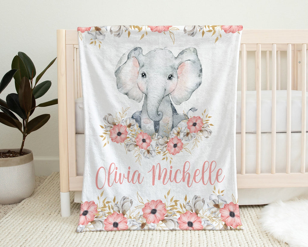 Elephant baby girl blanket, personalized watercolor elephant flower blanket with name, floral newborn baby swaddle, pink elephant baby gift