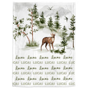 Personalized forest deer baby blanket, newborn elk swaddle blanket with name, trees, nature blanket boy wilderness baby gift (CHOOSE COLORS)