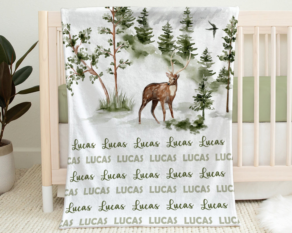 Personalized forest deer baby blanket, newborn elk swaddle blanket with name, trees, nature blanket boy wilderness baby gift (CHOOSE COLORS)