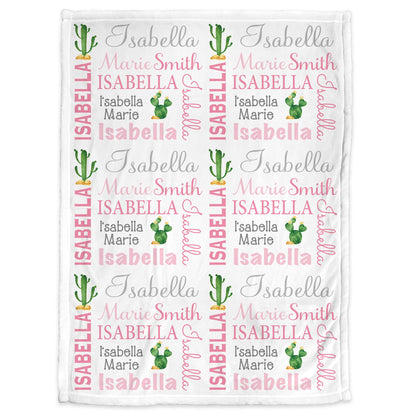 Pink cactus baby girl blanket, newborn desert cactus swaddle blanket, personalized cactus theme newborn baby gift with name (CHOOSE COLORS)