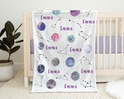 Personalized planets baby blanket, boy or girl space swaddle blanket with name, newborn space blanket baby gift, boy or girls (CHOOSE COLOR)