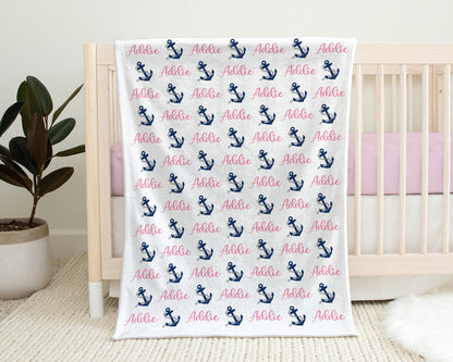 Baby girl nautical name blanket, anchor baby blanket, boy or girl, personalized baby gift, custom name blanket, nautical baby shower gift