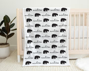 Black bear baby blanket, newborn black and white bears name blanket, girl bear personalized baby gift, forest animal swaddle (CHOOSE COLORS)
